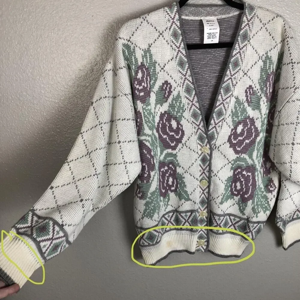 Vintage Size Large Matching Sweater & Cardigan Pastel Knit Floral Cottage Flower